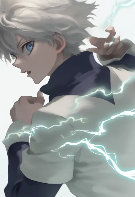 killua_zoldyck, 1boy, solo, looking at viewer,  short hair, open mouth, bangs, blue eyes, shirt, long sleeves, white background,...