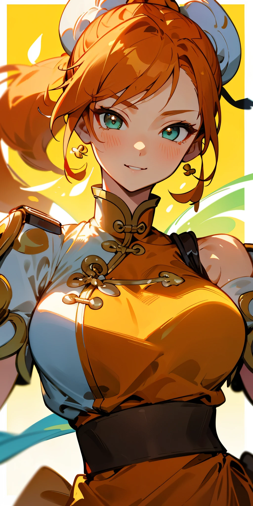 1 fille、une personne、silhouette maigre、Vêtements oranges、cheveux roux、queue de cheval、beaux yeux verts、joie intense sur le visage、uniforme blanc avec décorations dorées、Gros plan du haut du corps, style des vêtements Chun-li