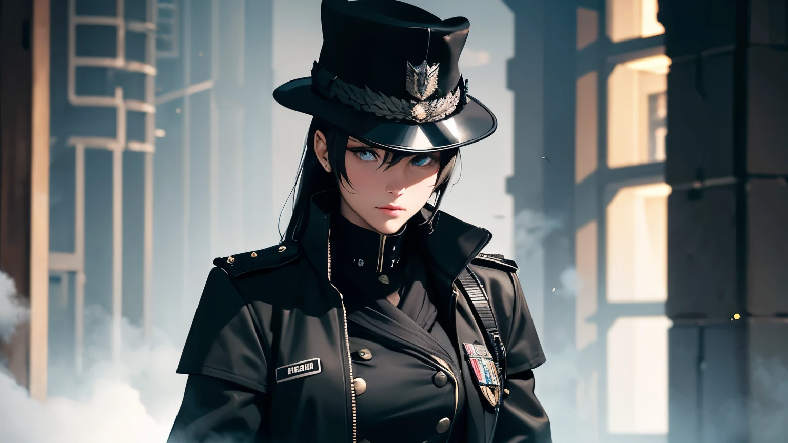 1 girl, solo, arafed women in a black uniform and a black hat, a black dieselpunk policewoman, in black military uniform, detective coat, officer, black greatcoat, police uniform, in black uniform, black armored uniform, dark coat, full uniform, inspired by Horace Vernet, officers uniform, he is wearing a black trenchcoat, dressed in black body armour, 4k res, ultra detailed, face detailed