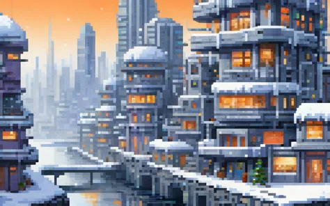 modern buildings, futuristic winter city, pixel art painting by yoko tsuno, best quality, masterpiece, high details, ultra intri...