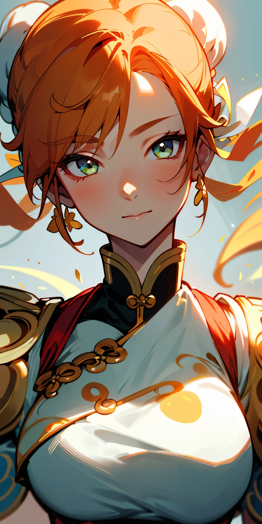 1 girl、one person、skinny body shape、orange clothes、orange hair、beautiful green eyes、intense joy on the face、white uniform with golden decorations、upper body close-up, style of Chun-li clothes