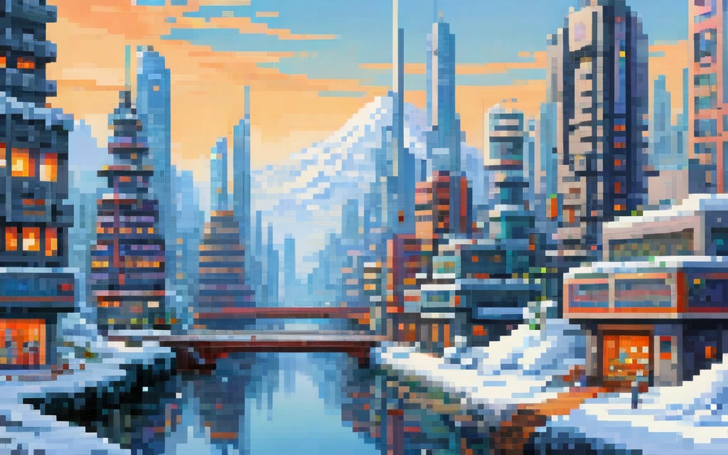 Modern buildings, Futuristic winter city, pixel art painting by Yoko Tsuno, best quality, masterpiece, high details, Ultra intricate detailed