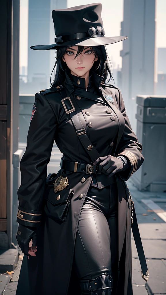 1 girl, solo, arafed women in a black uniform and a black hat, a black dieselpunk policewoman, in black military uniform, detective coat, officer, black greatcoat, police uniform, in black uniform, black armored uniform, dark coat, full uniform, inspired by Horace Vernet, officers uniform, he is wearing a black trenchcoat, dressed in black body armour, 4k res, ultra detailed, face detailed