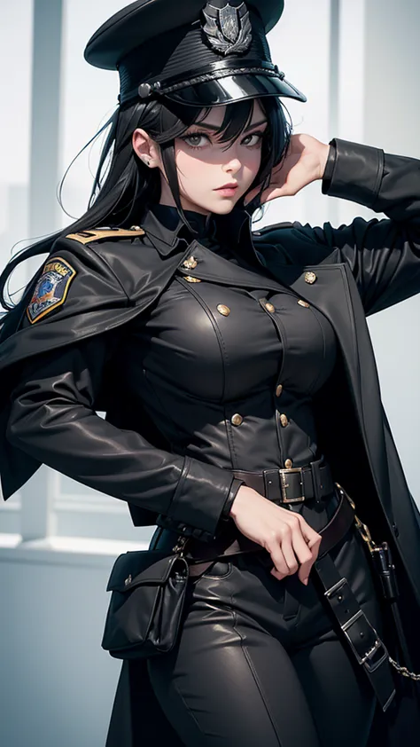 1 girl, solo, arafed women in a black uniform and a black hat, a black dieselpunk policewoman, in black military uniform, detect...