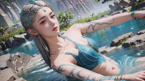 there was a woman，gray hair，no clothes, unreal engine rendering + goddess, queen of the sea mu yanling, fantasy style 8 k octane...