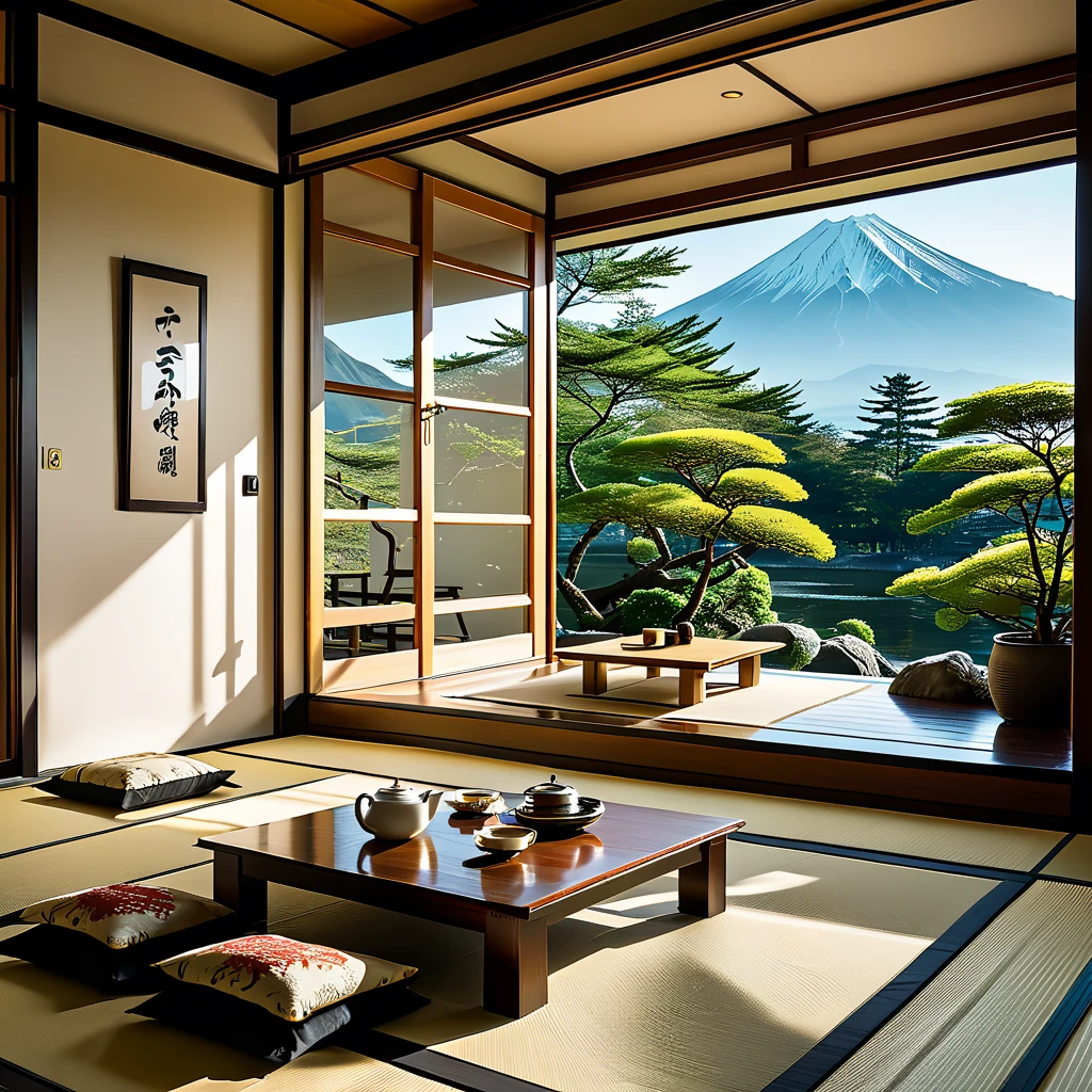 (masterpiece, top quality, best quality),(ultra-detailed, absolutely resolution),((16k, high res)),

BREAK {hyper-realistic photo of a traditional Japanese room (washitsu) with a view of Mount Fuji. The room should feature tatami mats, sliding shoji doors, and low wooden furniture such as a tea table and cushions. Through the large open shoji doors or windows, there should be a breathtaking view of Mount Fuji, framed by a serene Japanese garden with meticulously maintained plants and a small pond. The lighting should be soft and natural, enhancing the tranquility of the scene. Include elements like a scroll painting or calligraphy on the wall, and traditional Japanese tea set on the table. The overall atmosphere should be calm and serene, capturing the timeless beauty of Japanese architecture and the majestic presence of Mount Fuji.}

BREAK { (produces images with information more than 40 million pixels with cinematic-like detailed textures shot on a Sony SLR).}