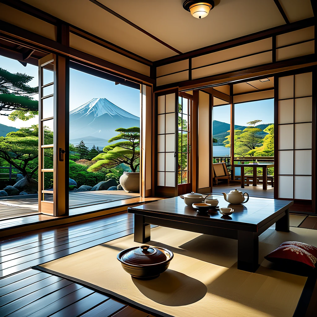 (masterpiece, top quality, best quality),(ultra-detailed, absolutely resolution),((16k, high res)),

BREAK {hyper-realistic photo of a traditional Japanese room (washitsu) with a view of Mount Fuji. The room should feature tatami mats, sliding shoji doors, and low wooden furniture such as a tea table and cushions. Through the large open shoji doors or windows, there should be a breathtaking view of Mount Fuji, framed by a serene Japanese garden with meticulously maintained plants and a small pond. The lighting should be soft and natural, enhancing the tranquility of the scene. Include elements like a scroll painting or calligraphy on the wall, and traditional Japanese tea set on the table. The overall atmosphere should be calm and serene, capturing the timeless beauty of Japanese architecture and the majestic presence of Mount Fuji.}

BREAK { (produces images with information more than 40 million pixels with cinematic-like detailed textures shot on a Sony SLR).}