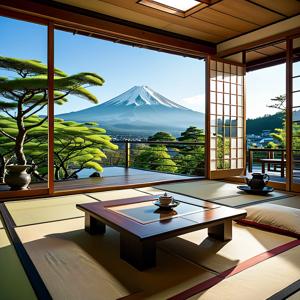 (masterpiece, top quality, best quality),(ultra-detailed, absolutely resolution),((16k, high res)),

BREAK {hyper-realistic photo of a traditional Japanese room (washitsu) with a view of Mount Fuji. The room should feature tatami mats, sliding shoji doors, and low wooden furniture such as a tea table and cushions. Through the large open shoji doors or windows, there should be a breathtaking view of Mount Fuji, framed by a serene Japanese garden with meticulously maintained plants and a small pond. The lighting should be soft and natural, enhancing the tranquility of the scene. Include elements like a scroll painting or calligraphy on the wall, and traditional Japanese tea set on the table. The overall atmosphere should be calm and serene, capturing the timeless beauty of Japanese architecture and the majestic presence of Mount Fuji.}

BREAK { (produces images with information more than 40 million pixels with cinematic-like detailed textures shot on a Sony SLR).}