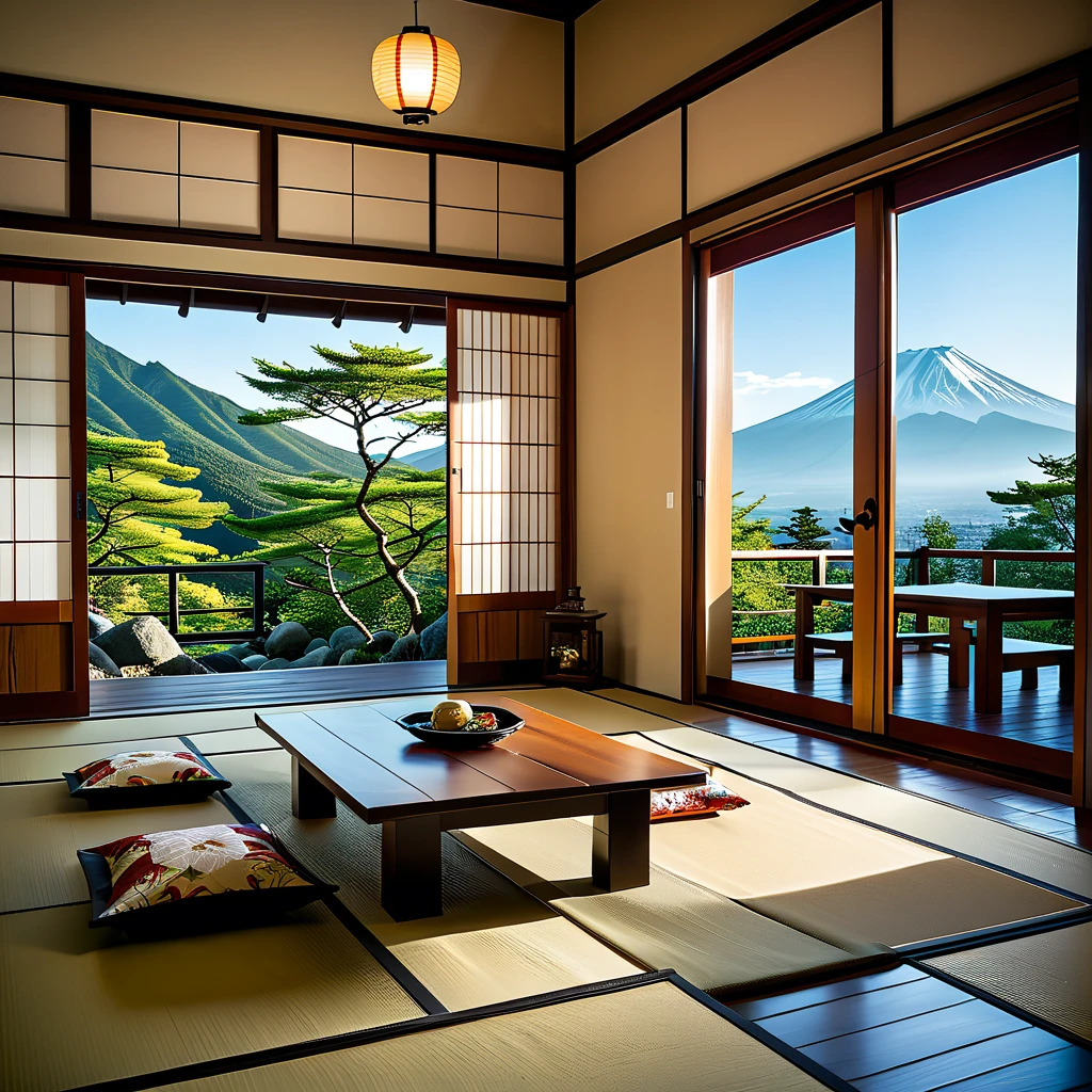 (masterpiece, top quality, best quality),(ultra-detailed, absolutely resolution),((16k, high res)),

BREAK {hyper-realistic photo of a traditional Japanese room (washitsu) with a view of Mount Fuji. The room should feature tatami mats, sliding shoji doors, and low wooden furniture such as a tea table and cushions. Through the large open shoji doors or windows, there should be a breathtaking view of Mount Fuji, framed by a serene Japanese garden with meticulously maintained plants and a small pond. The lighting should be soft and natural, enhancing the tranquility of the scene. Include elements like a scroll painting or calligraphy on the wall, and traditional Japanese tea set on the table. The overall atmosphere should be calm and serene, capturing the timeless beauty of Japanese architecture and the majestic presence of Mount Fuji.}

BREAK { (produces images with information more than 40 million pixels with cinematic-like detailed textures shot on a Sony SLR).}