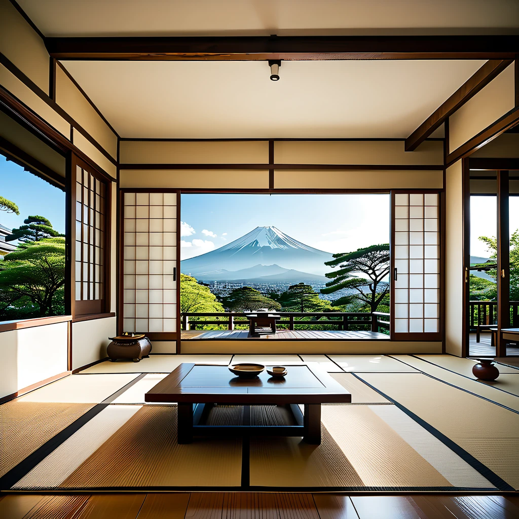 (masterpiece, top quality, best quality),(ultra-detailed, absolutely resolution),((16k, high res)),

BREAK {hyper-realistic photo of a traditional Japanese room (washitsu) with a view of Mount Fuji. The room should feature tatami mats, sliding shoji doors, and low wooden furniture such as a tea table and cushions. Through the large open shoji doors or windows, there should be a breathtaking view of Mount Fuji, framed by a serene Japanese garden with meticulously maintained plants and a small pond. The lighting should be soft and natural, enhancing the tranquility of the scene. Include elements like a scroll painting or calligraphy on the wall, and traditional Japanese tea set on the table. The overall atmosphere should be calm and serene, capturing the timeless beauty of Japanese architecture and the majestic presence of Mount Fuji.}

BREAK { (produces images with information more than 40 million pixels with cinematic-like detailed textures shot on a Sony SLR).}