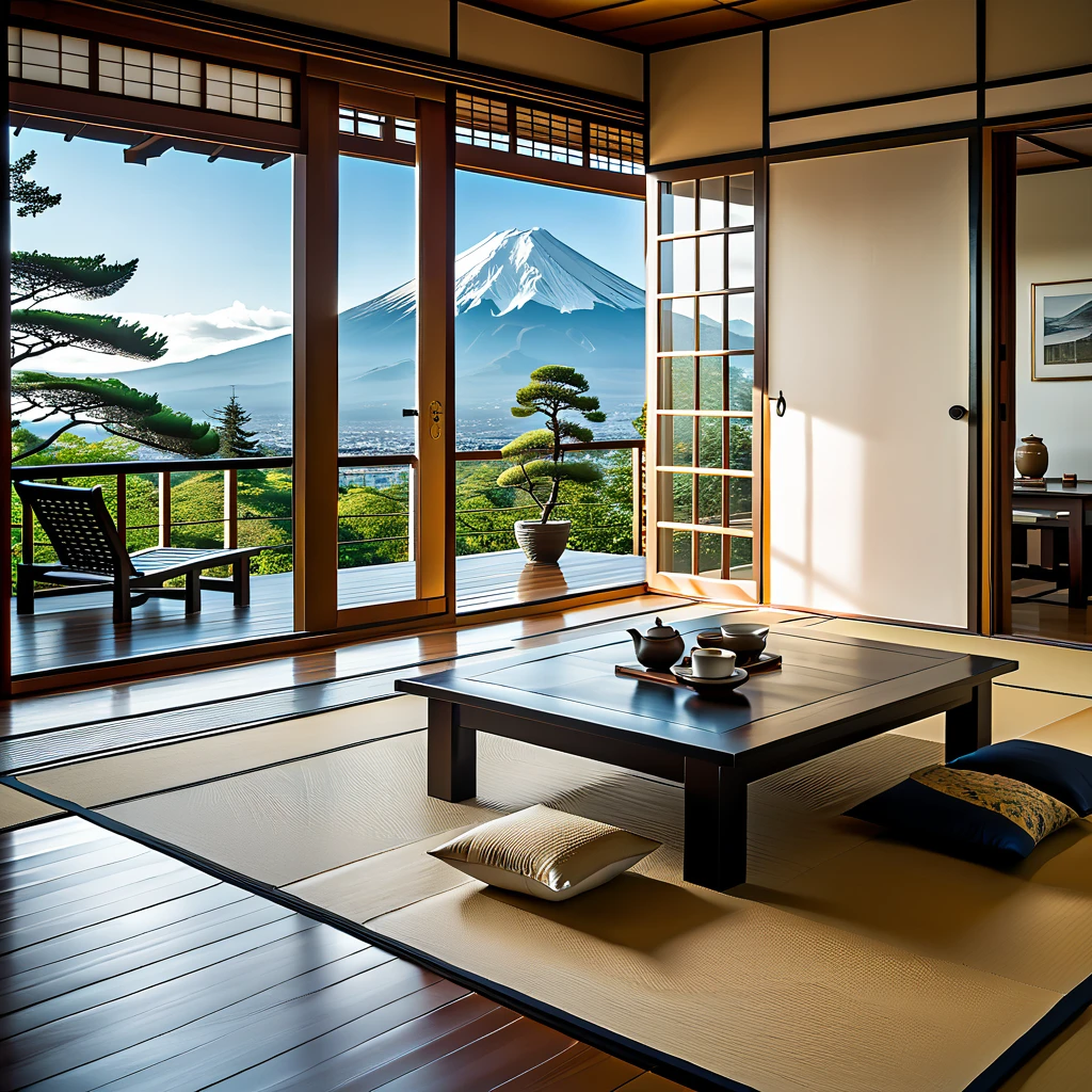 (masterpiece, top quality, best quality),(ultra-detailed, absolutely resolution),((16k, high res)),

BREAK {hyper-realistic photo of a traditional Japanese room (washitsu) with a view of Mount Fuji. The room should feature tatami mats, sliding shoji doors, and low wooden furniture such as a tea table and cushions. Through the large open shoji doors or windows, there should be a breathtaking view of Mount Fuji, framed by a serene Japanese garden with meticulously maintained plants and a small pond. The lighting should be soft and natural, enhancing the tranquility of the scene. Include elements like a scroll painting or calligraphy on the wall, and traditional Japanese tea set on the table. The overall atmosphere should be calm and serene, capturing the timeless beauty of Japanese architecture and the majestic presence of Mount Fuji.}

BREAK { (produces images with information more than 40 million pixels with cinematic-like detailed textures shot on a Sony SLR).}