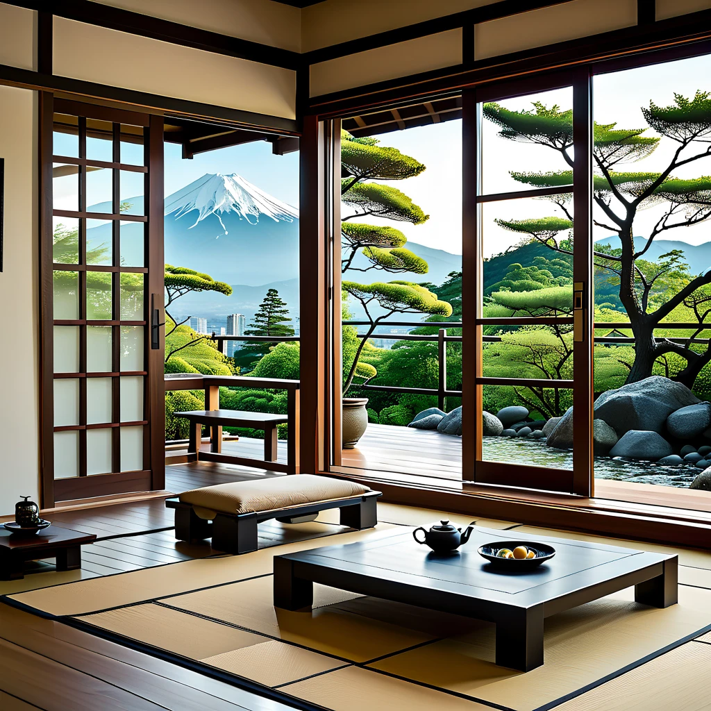 (masterpiece, top quality, best quality),(ultra-detailed, absolutely resolution),((16k, high res)),

BREAK {hyper-realistic photo of a traditional Japanese room (washitsu) with a view of Mount Fuji. The room should feature tatami mats, sliding shoji doors, and low wooden furniture such as a tea table and cushions. Through the large open shoji doors or windows, there should be a breathtaking view of Mount Fuji, framed by a serene Japanese garden with meticulously maintained plants and a small pond. The lighting should be soft and natural, enhancing the tranquility of the scene. Include elements like a scroll painting or calligraphy on the wall, and traditional Japanese tea set on the table. The overall atmosphere should be calm and serene, capturing the timeless beauty of Japanese architecture and the majestic presence of Mount Fuji.}

BREAK { (produces images with information more than 40 million pixels with cinematic-like detailed textures shot on a Sony SLR).}