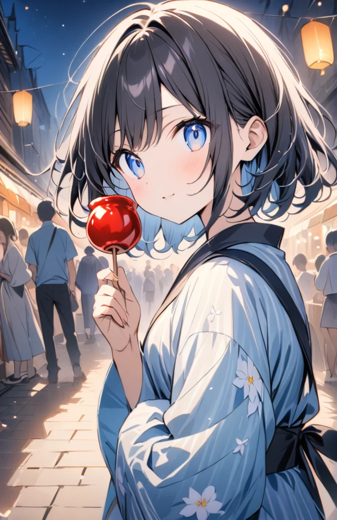 (masterpiece:1.2),(anime),、girl、cute、blue eyes、Black short Hair、1Girl wearing yukata、((Holding a candy apple in her hand)),Night stalls、Festivals、summer night、Light production、Beautiful artwork、Detailed drawing、A Scene of Youth、Fisheye Lens、Close-up,Pale colors