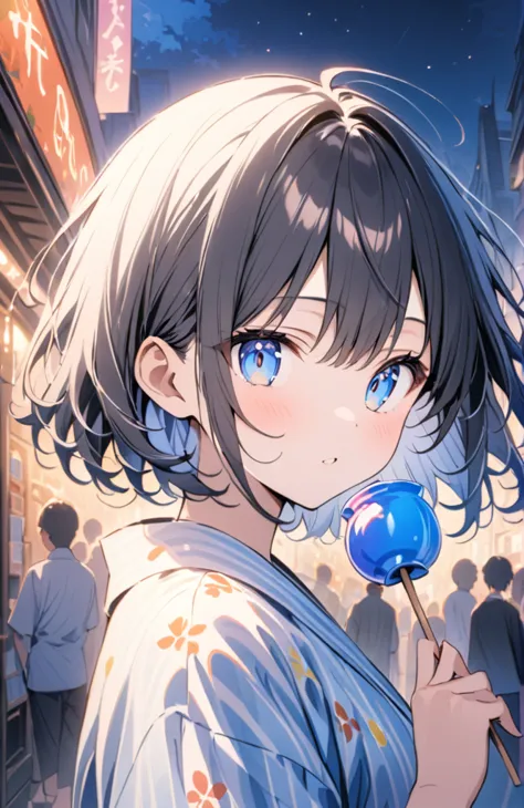 (masterpiece:1.2),(anime),、girl、cute、blue eyes、Black short Hair、1Girl wearing yukata、((Holding a candy apple in her hand)),Night...