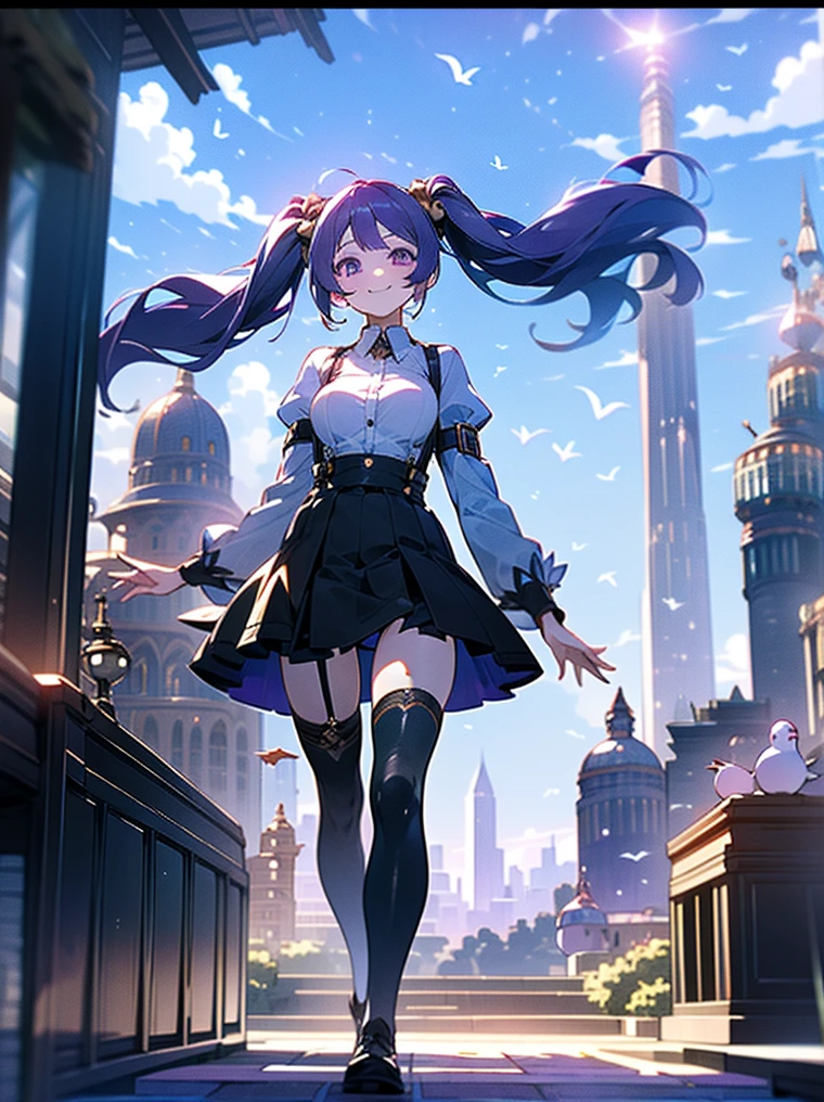 (masterpiece), (HDR), absurdres, (best quality), (ultra high quality), (hi-res), (1girl), (pastel purple eyes), beautiful detailed eyes, detailed eyes, teen, (dark purple hair), bangs, short side locks, (big thick twintails), (long straight hair), ((two gold hair ties)), (medium breast), skirt with suspenders straps, white, collared shirt, ruffles, sleeve cuffs, ((black thighhighs)), (zettai ryouiki), (thin waist), ((thigh gap)), (happy expression), smile, cute, (looking at viewer), bend at waist, walking, in the city, outside, buildings, sidewalk, daytime, sunlight on face, noon, bright sun, city scenery, crosswalk, birds