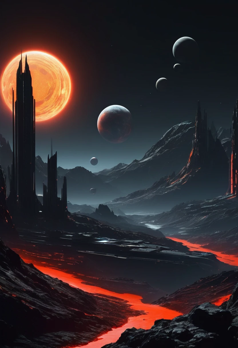 cree una visión de dos planetas rocosos de color gris oscuro superpuestos en el oscuro espacio exterior nocturno visto desde la superficie naranja de un PLANETA montañoso con una superficie de mosaico metálico pulido en estilo ciberpunk negro y rojo en la noche a lo lejos, Tiene un edificio ancho y alto como una estación de investigación de color gris oscuro con ventanas iluminadas.,  El espacio es oscuro y sólo se puede ver la silueta de un lado de los planetas a través de la densa atmósfera., oscuridad total, horizonte oscuro, penumbra, lo más realista posible, el sol está fuera de la imagen, tiene un edificio horizontal con ventanas iluminadas, Él&#39;Un edificio de pequeña escala sobre la roca., instalación científica oscura y siniestra