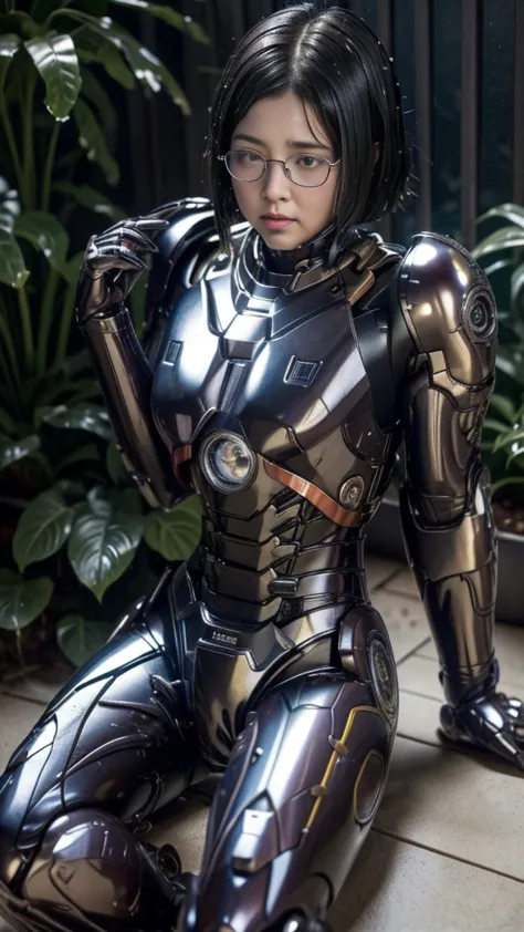 Highest quality　8k Full Body Iron Man Suit Girl　Glasses　cute　Elementary school girl　Sweaty face　Hot and tired look　short hair　bo...