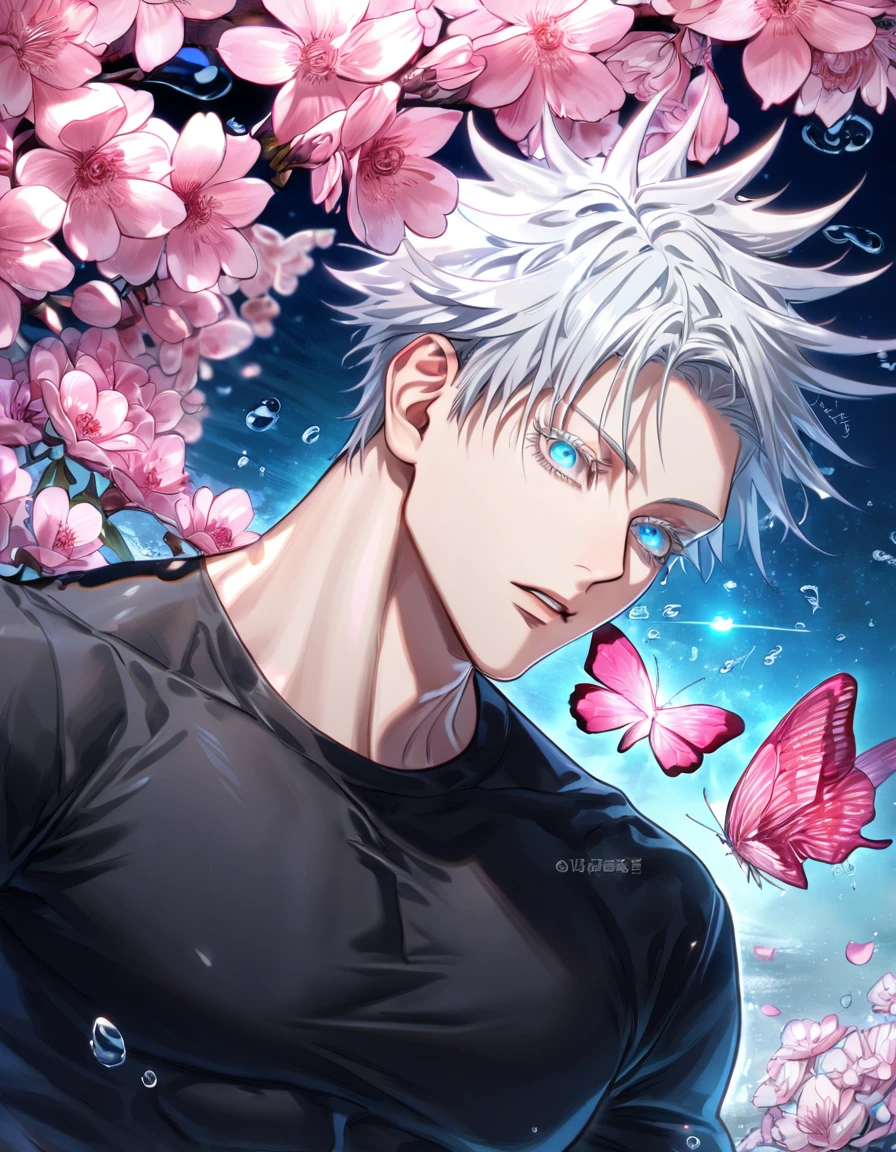 absurdres, highres, ultra detailed, HDR, master piece, best quality, Gojo Satoru, white hair, expressive blue eyes, white eyelashes, jujutsu kaisen, black tight T-shirt, solo, sexy man, handsome, fantasy, shining, water, pink flowers, pink blossoms, pink butterflies, pink petals