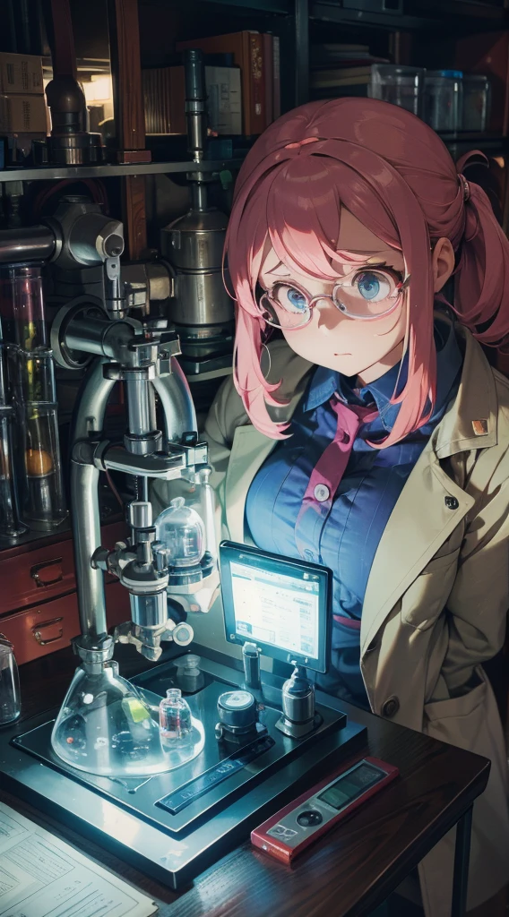 （Disorganized，Kilo，Ultra-detailed）,Realist,Scientific research所,Chemical Experiment,Chemical Instruments,Working Scientist,cup,Bunsen burner,microscope,Laboratory Glassware,Graduated cylinder,White,Laboratory Safety Goggles,science books,periodic table,Scientific research,discovery,New inventions,innovation,apprentice,educate,Otaku culture Otaku wears a coat with pink details, Her coat has very chemical details that make it very attractive and cute. ,curiosity,Technological advances,Bright colors,Soft lighting,Modern Lab,Geeky atmosphere,Laboratory instrument,Hypothesis testing,scientific methods,Symbolic Representations,critical thinking,Otaku Experiment,Accuracy,Accuracy,Intricate details,An impressive scientific setup,Natural elements,Exploring the mysteries of science,Unlocking nature&#39;s secrets.（Disorganized，Kilo，Ultra-detailed），Tell that to Madura.，Bust photo，microscope na mão ，It was foggy flower background，（It was foggy：1.3，Soft lighting：1.4，Cinematic Light：1.4）