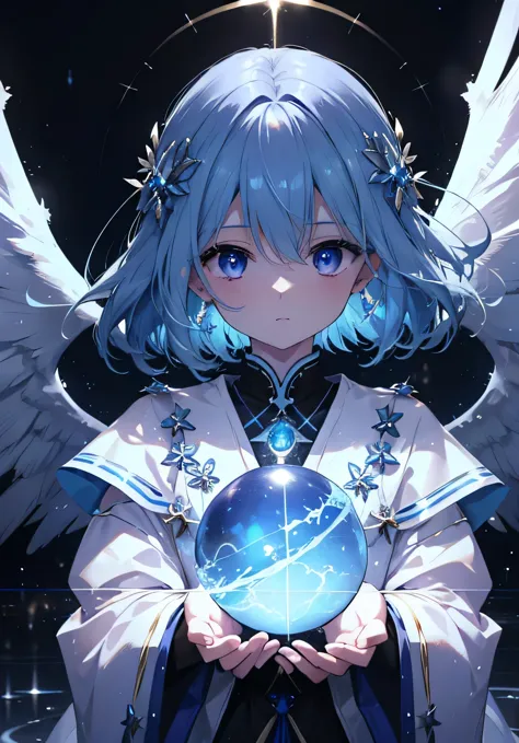 blue color、an angelic enchanting god with wings、holding a glowing sphere in your hand　staring straight into the camera， in the c...