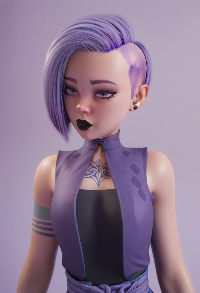 rating_explicit, beautyful woman, gothic, mature woman, black lipstick, tattoos in whole body, slim body, sexy ninja lilac vest, body, kitana's, lilac vest, lilac sidecut hair, lilac hair, sidecut hair