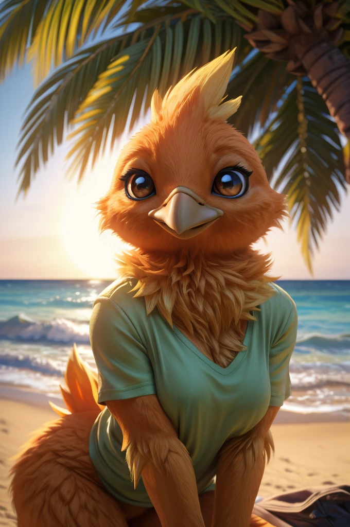 male, bird, Torchic, background, (cinematic lighting:1.1), (perfect focus:1.1), 8k hd, (detailed eyes:1.2),depth of field, bokeh, subsurface scattering, perfect breasts, wide ,((shirt with the name "LWH" on the front and some shots of berano )),bright colors, (furry detail:1.3),detailed background, realistic, photorealistic, ultra realistic,(on a beach with a lot of vegetation on an island ),realistic, photorealistic ,smile cut(fluffy:1.3), furry, buff, (realistic fur:1.1), (extreme fur detail:1.2),((light orange fur)),(Black pupil, brown eyes,pixar style eyes),Torchic tail.
