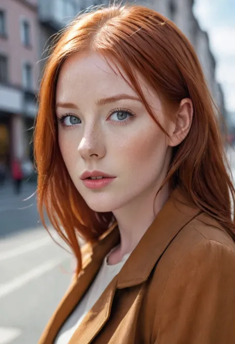 a close up of a woman with red hair and a brown jacket, red hair and attractive features, flowing ginger hair, ginger hair, ging...