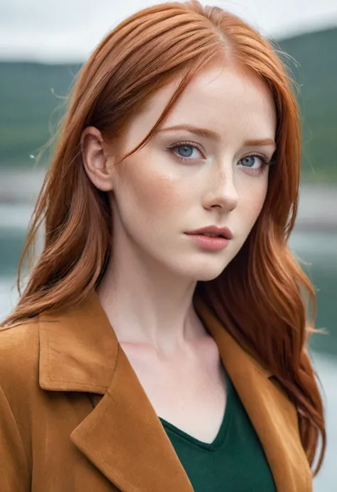 a close up of a woman with red hair and a brown jacket, red hair and attractive features, flowing ginger hair, ginger hair, ging...