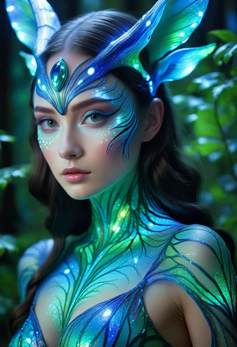 An exquisite mythical creature of the forest，Skin smooth as silk，It has a delicate pattern of spots and stripes，Seems to sparkle in the night, 8K, Colored lights, vivid, Ultra Detailed, Surreal photography ，blue，Red，green，blue