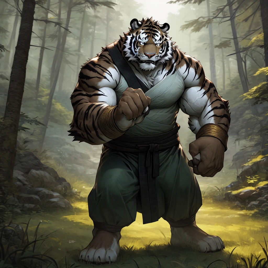 In the dense forest, the cursed black tiger with black fur has a naked upper body with well-developed muscles and sweats. Standing next to the isolated grass house in the mountains and forests, he is practicing kung fu and looking into the distance. The mature, deep and experienced black tiger with black fur