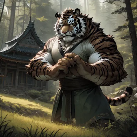 in the dense forest, the cursed black tiger with black fur has a naked upper body with well-developed muscles and sweats. standi...