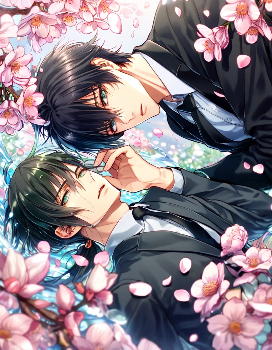 Ultra detailed, highres, absurdres, HDR, master piece, Ginoza Nobuchika, black hair with bangs tied in a low ponytail, expressivee green eyes, Kougami Shinya, black hair, expressive grey eyes, Psycho Pass, fantasy, pink petals, water, pink flowers, handsome, two sexy man together, gay couple, yaoi, magical, best quality, blossoms, blue shining fireflies, black necktie, black jacket, love