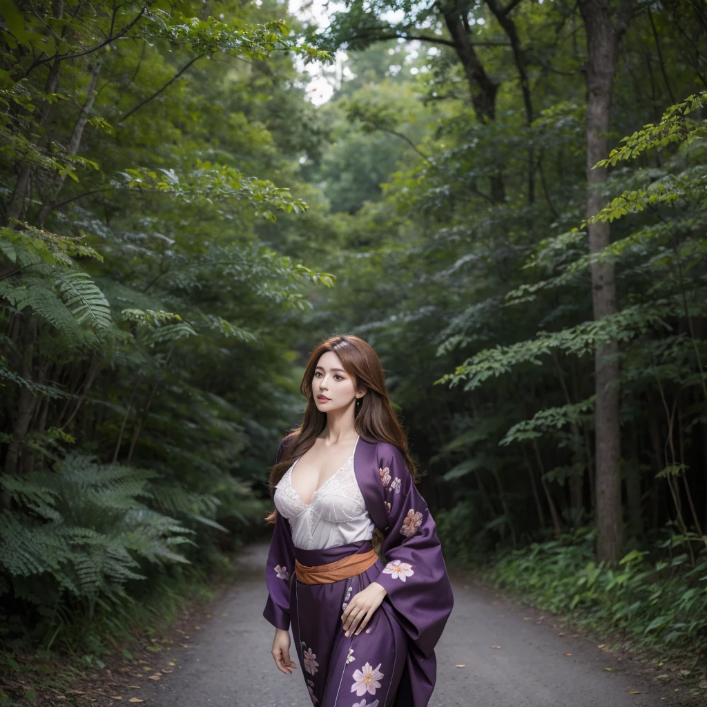 a mature woman, wearing a purple kimono with floral designs, brown hair, long hair, brown eyes, big breasts, exposed breasts, walking outside a wooden house in a forest, trees in the background , with fantasy aesthetics, at night, with fireflies,.UHD, masterpiece, accurate, anatomically correct, textured skin, super detail, high quality, best quality, 8k, high resolution, bokeh effect. (woman alone)
