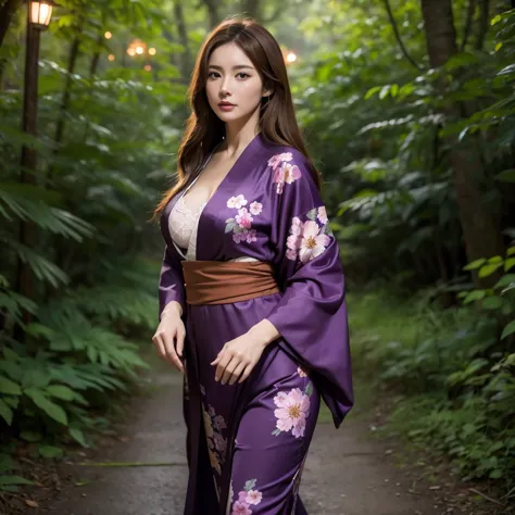 a mature woman, wearing a purple kimono with floral designs, brown hair, long hair, brown eyes, big breasts, exposed breasts, wa...