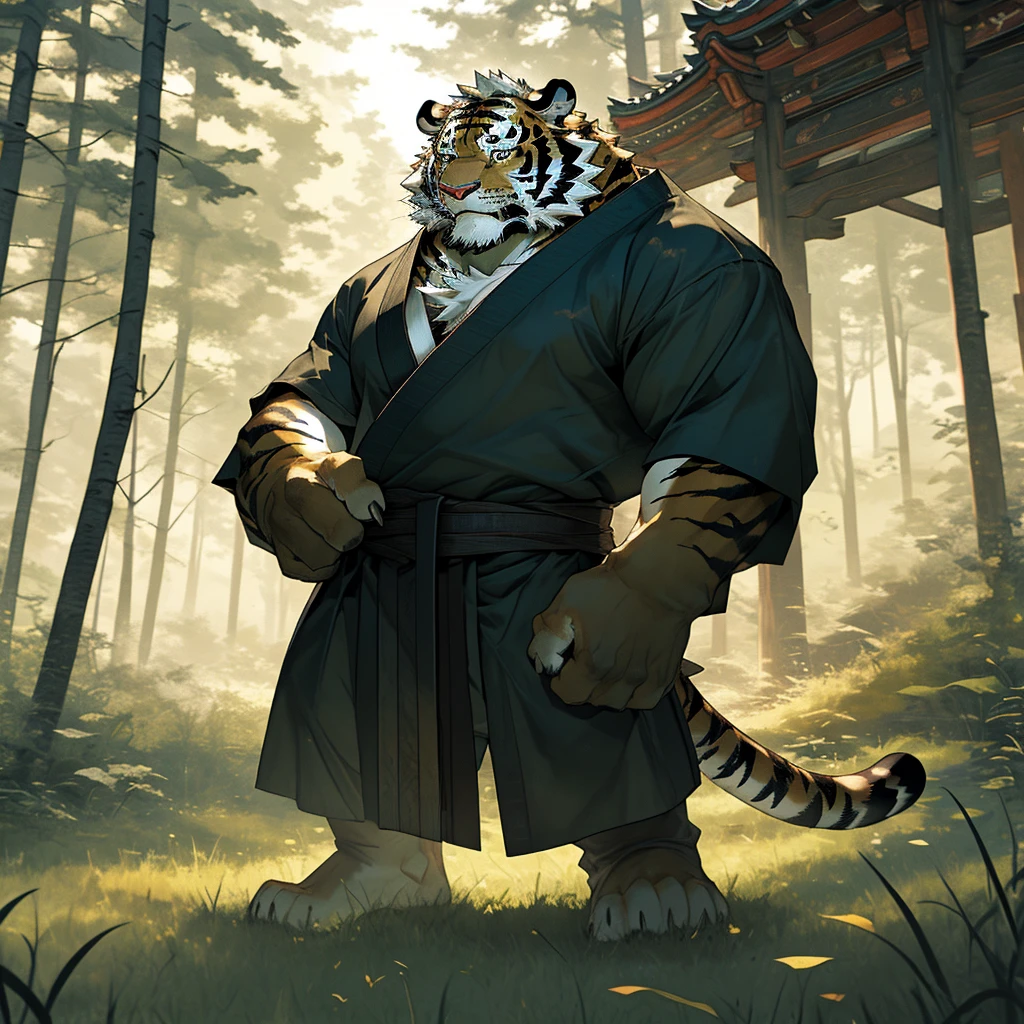 In the dense forest, the cursed black tiger with black fur is naked from the waist up, living in seclusion in the forest. Standing next to the isolated grass house, he is practicing Kung Fu and looking into the distance. The mature, deep, and experienced black tiger with black fur