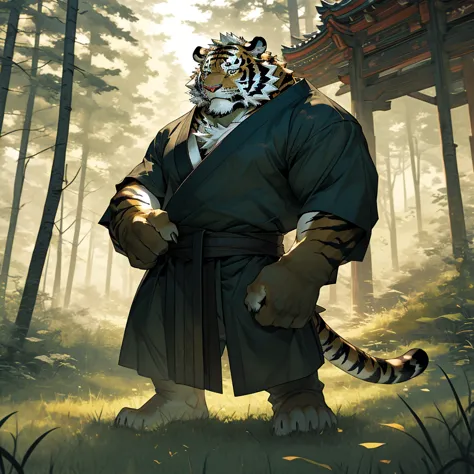 in the dense forest, the cursed black tiger with black fur is naked from the waist up, living in seclusion in the forest. standi...