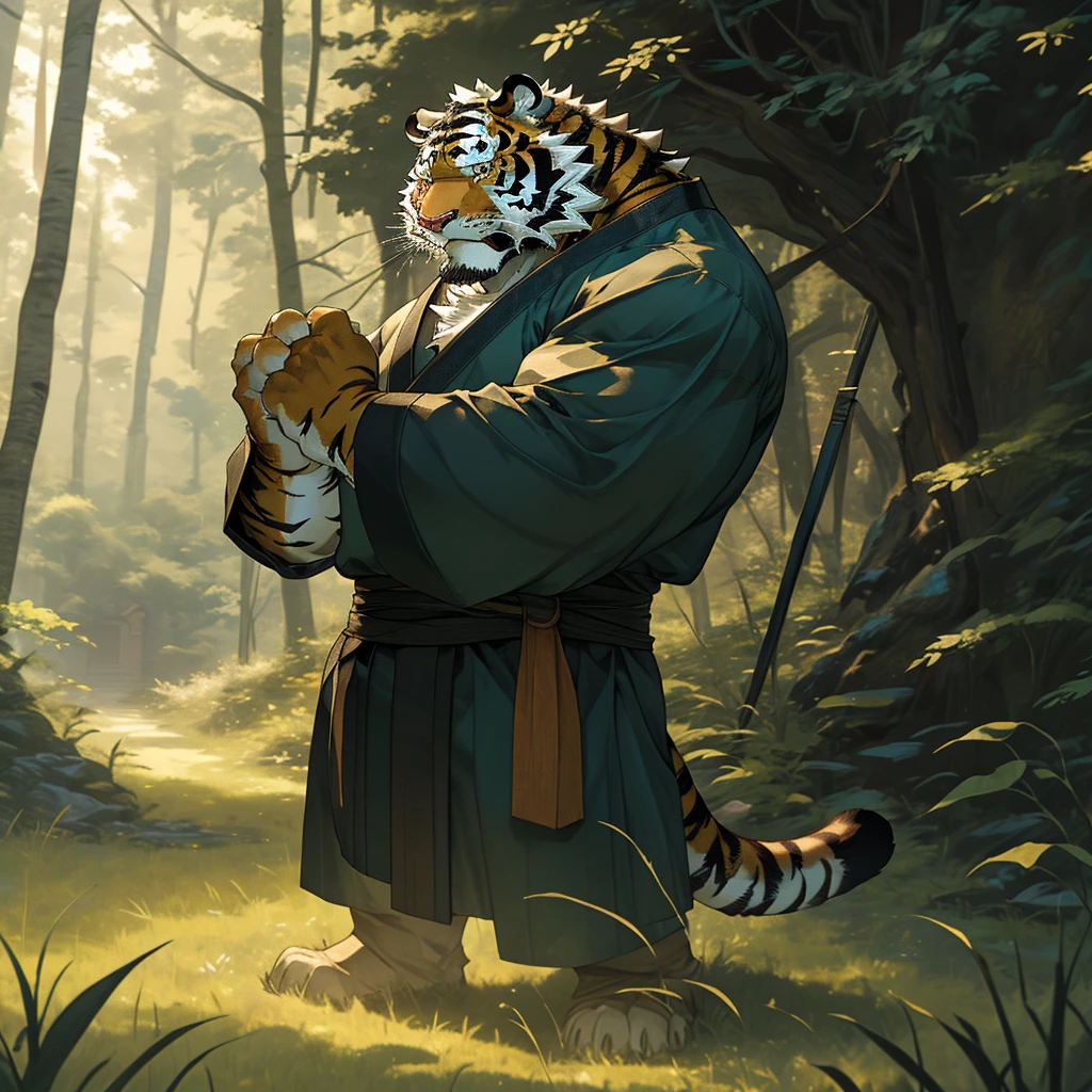 In the dense forest, the cursed black tiger with black fur is naked from the waist up, living in seclusion in the forest. Standing next to the isolated grass house, he is practicing Kung Fu and looking into the distance. The mature, deep, and experienced black tiger with black fur