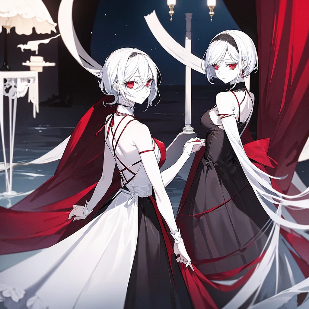 screenshot of black butler. young woman. short hair (white). pale skin. red eyes (long eyelashes). white dress. sea background (at night).