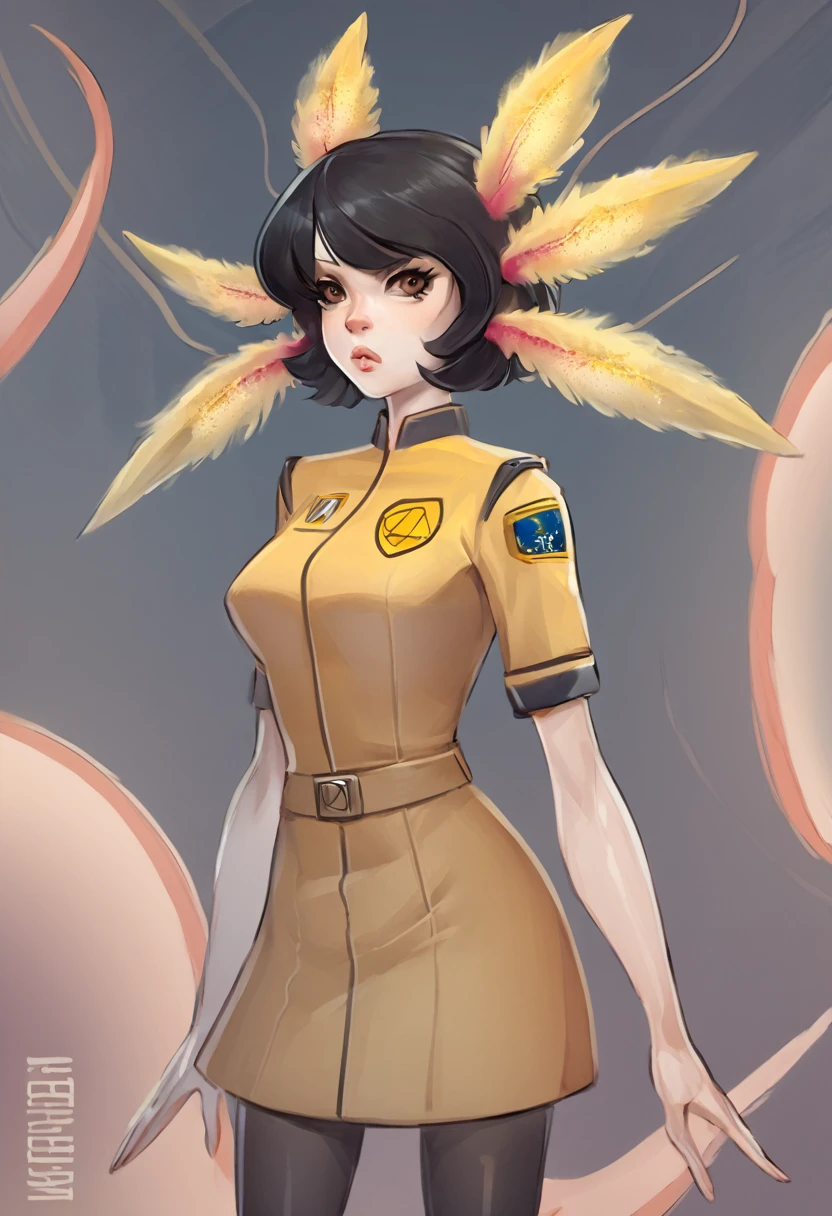 Stylized comic art style, female anthropomorphic axolotl, she has a very beautiful face with a serious expression, she has white and very pale skin, she has short black hair, she has her lips painted yellow, she is tall and thin, she has brown eyes, She wears a cream-colored, full-body Space Federation uniform.
