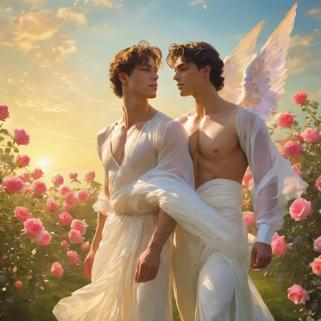 candid an image of 2man, an attractive and charming 2man, Position in a graceful contrapposto stance (in a field of vibrant swirling roses garden), good looking masculine appearance with slender smooth body, delicate and symmetrical face, natural olive skin tone, (nude body wrapped in classical drapery sheer rainbow color fabric), with flowing dramatically in the wind, some fabric to billow as if caught by a gentle breeze. The composition include mythological elements, such as a backdrop of a serene ocean with a golden sunrise and nymphs to frame the scene. Illuminate the scene with soft diffused lighting to create a dreamlike, celestial atmosphere, capturing the delicate interplay of light and shadow on his face and body. ((full body shot)), wide-angle lens on a high-resolution DSLR camera to capture the grandeur and intricate details of the setting, while shooting from a low angle to emphasize the model's majestic presence. The overall mood should blend the classical elegance of Botticelli's work with a modern, high-fashion aesthetic, producing an image that feels both timeless and contemporary, adding the Two Cherubs in the sense to balance and harmony the photo, evoke the soft ethereal quality of the Renaissance style, POV, raw photo, ((masterpiece)), ((best quality:1.4)), High Resolution, (ultra_realistic:1.37), (photorealistic:1.4, (NSFW), ((Pay attention to the layer and arrangement of body parts and surrounding objects)), ((Pay attention to the body composition)), ((Correct body structure)), ((Correct photo distance)), romantic atmosphere, lively extremely Gorgeous background), gay wedding,