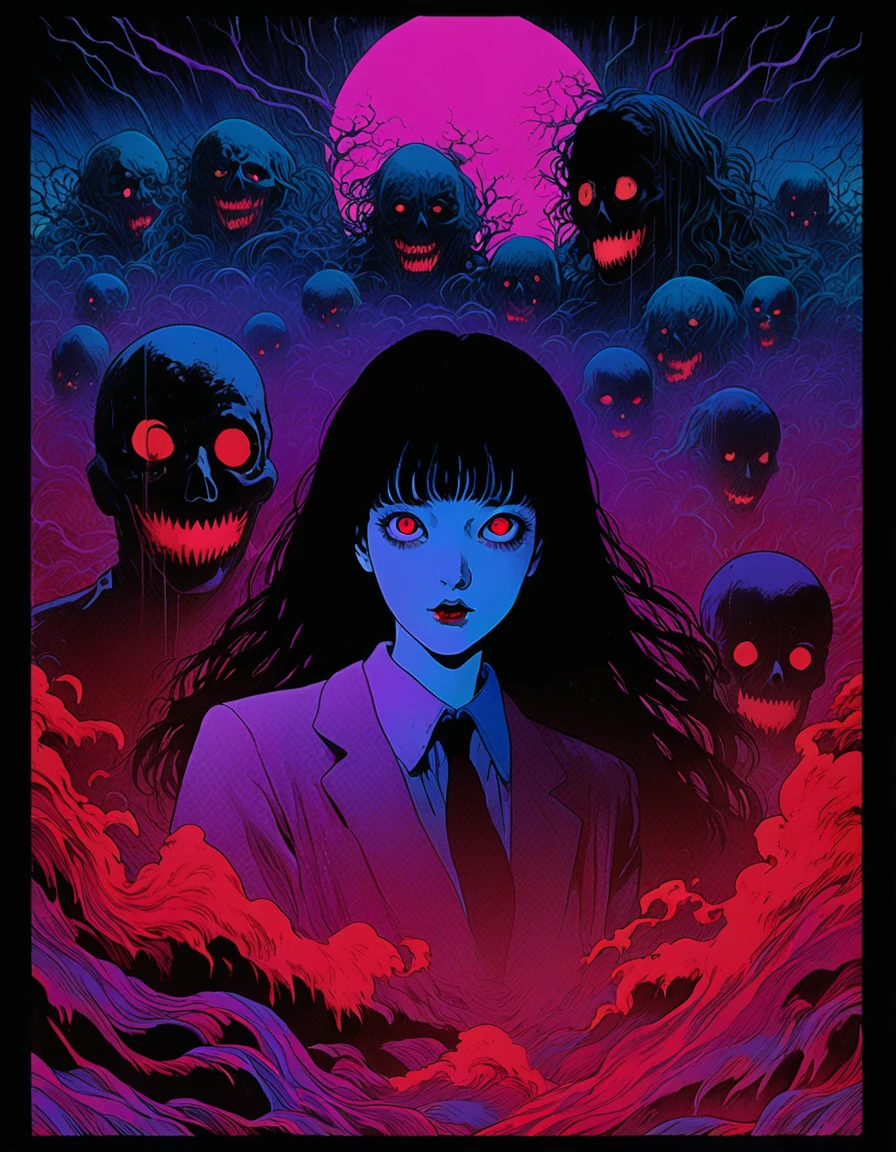 illust、art、from 80s horror movie, directed by Junji Ito、nightmare、high detail, realsitic shadow、Analog style, vhs style, 8mm film, chromatic aberration, Dvd screengrab、Blue-purple and red-purple gradation、Surrealism