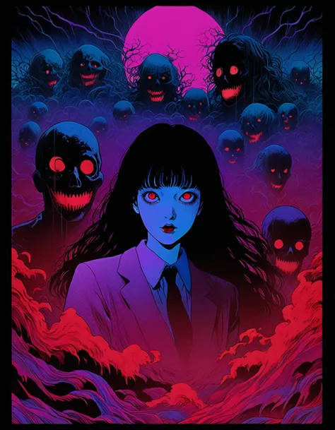 illust、art、from 80s horror movie, directed by Junji Ito、nightmare、high detail, realsitic shadow、Analog style, vhs style, 8mm fil...