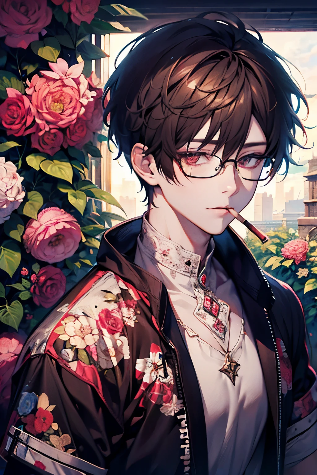 Beautiful young man, brown hair, short hair, red eyes,Shiny Sparkling eyes,Colorful floral short-sleeved hoodie,(smokes),Garden, smoke,high quality, amount of drawing, pixiv illustration,beautiful image,perfect pixiv,upper body,smile,glasses