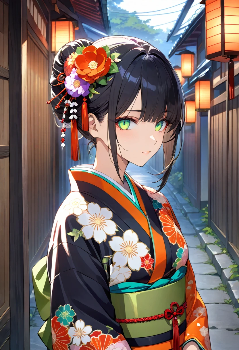 masterpiece, best quality, ultra detailed, detailed eyes, upper body shot, A character with long, intricately styled black hair adorned with a variety of colorful flowers and traditional hair ornaments. The character is wearing a detailed kimono with vibrant floral patterns in shades of orange, white, and green. They are standing in an alley lined with old-fashioned street lamps that cast a warm glow, creating an atmosphere reminiscent of a serene, historical Japanese setting. The character’s face is obscured by a pixelated area to maintain anonymity.