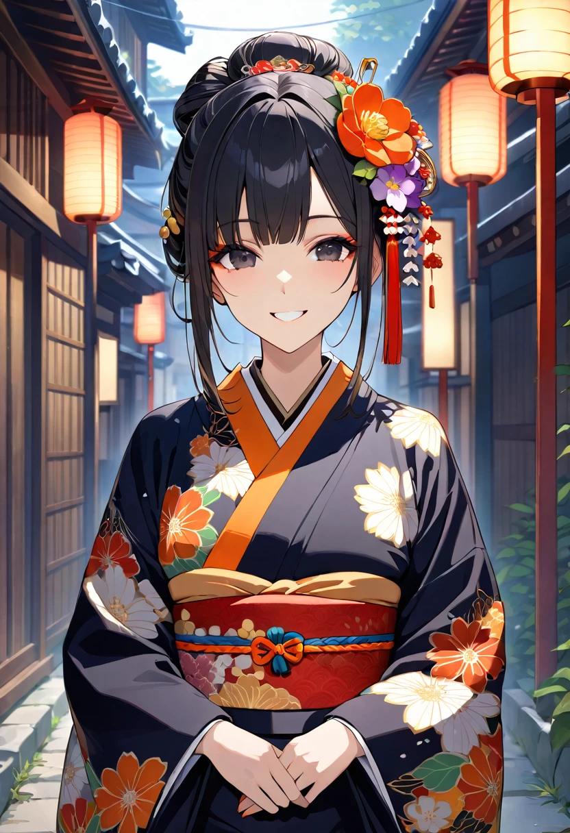 masterpiece, best quality, ultra detailed, detailed black eyes, upper body shot, ((smile)), A character with long, intricately styled black hair adorned with a variety of colorful flowers and traditional hair ornaments. The character is wearing a detailed kimono with vibrant floral patterns in shades of orange, white, and green. They are standing in an alley lined with old-fashioned street lamps that cast a warm glow, creating an atmosphere reminiscent of a serene, historical Japanese setting. The character's face is obscured by a pixelated area to maintain anonymity.