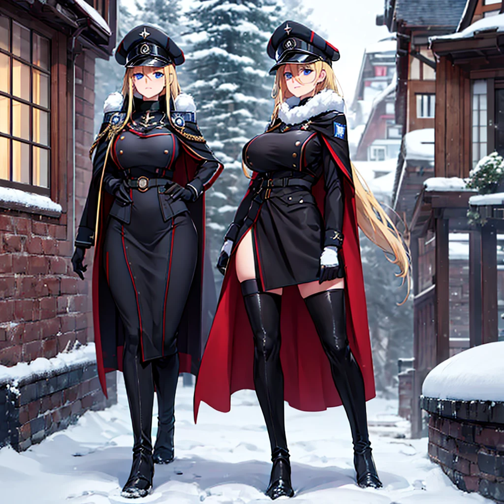 A woman wearing a cold military uniform, black uniform with red details, cold fur cape, long black cape, military boots, big breasts, blue eyes, long blonde hair, black military hat, walking at the high point of a traditional German town , winter weather, snow-covered place, full body,.HDR, ultra resolution, well defined, masterpiece, 8K HD. (solo woman)