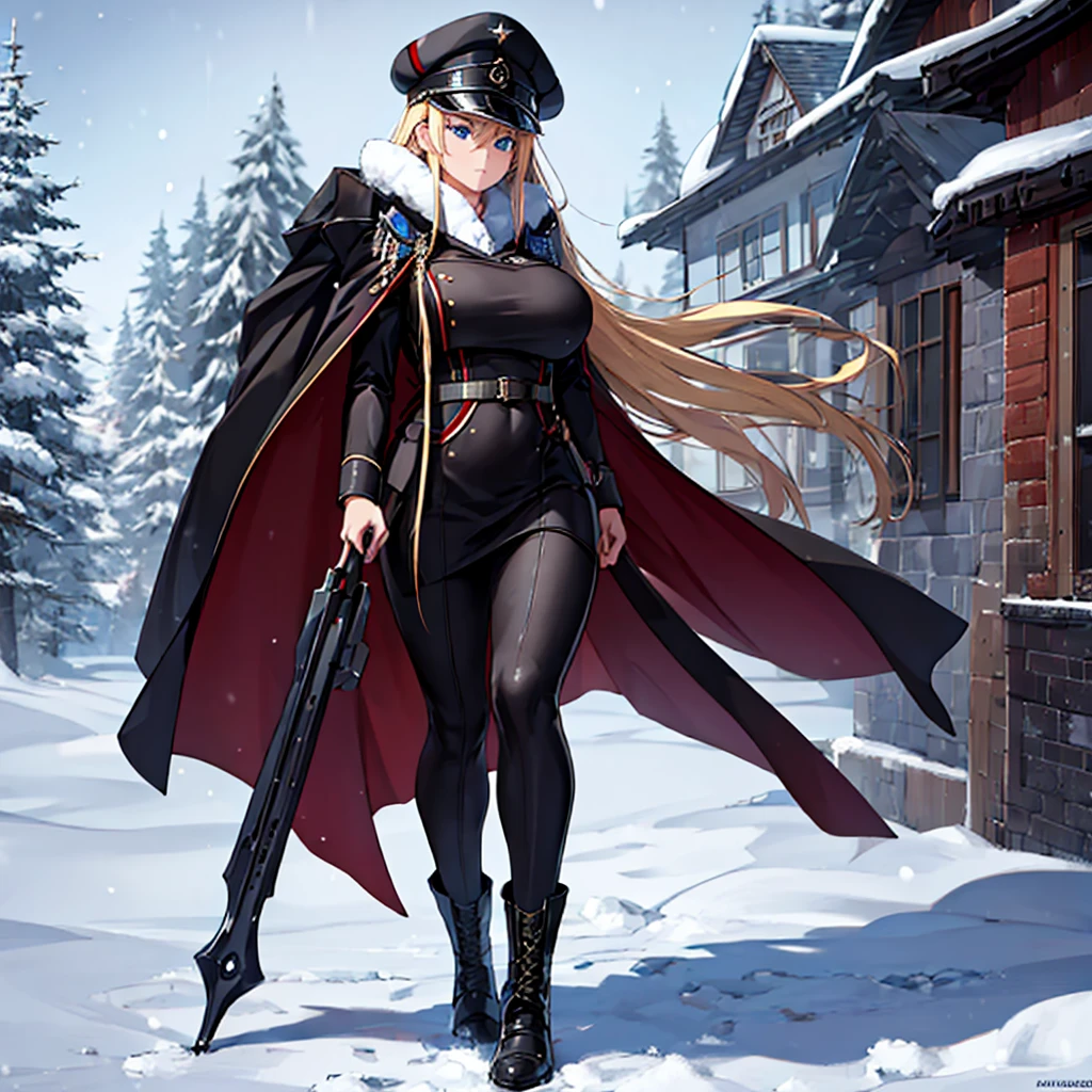 A woman wearing a cold military uniform, black uniform with red details, cold fur cape, long black cape, military boots, big breasts, blue eyes, long blonde hair, black military hat, walking at the high point of a traditional German town , winter weather, snow-covered place, full body,.HDR, ultra resolution, well defined, masterpiece, 8K HD. (solo woman)