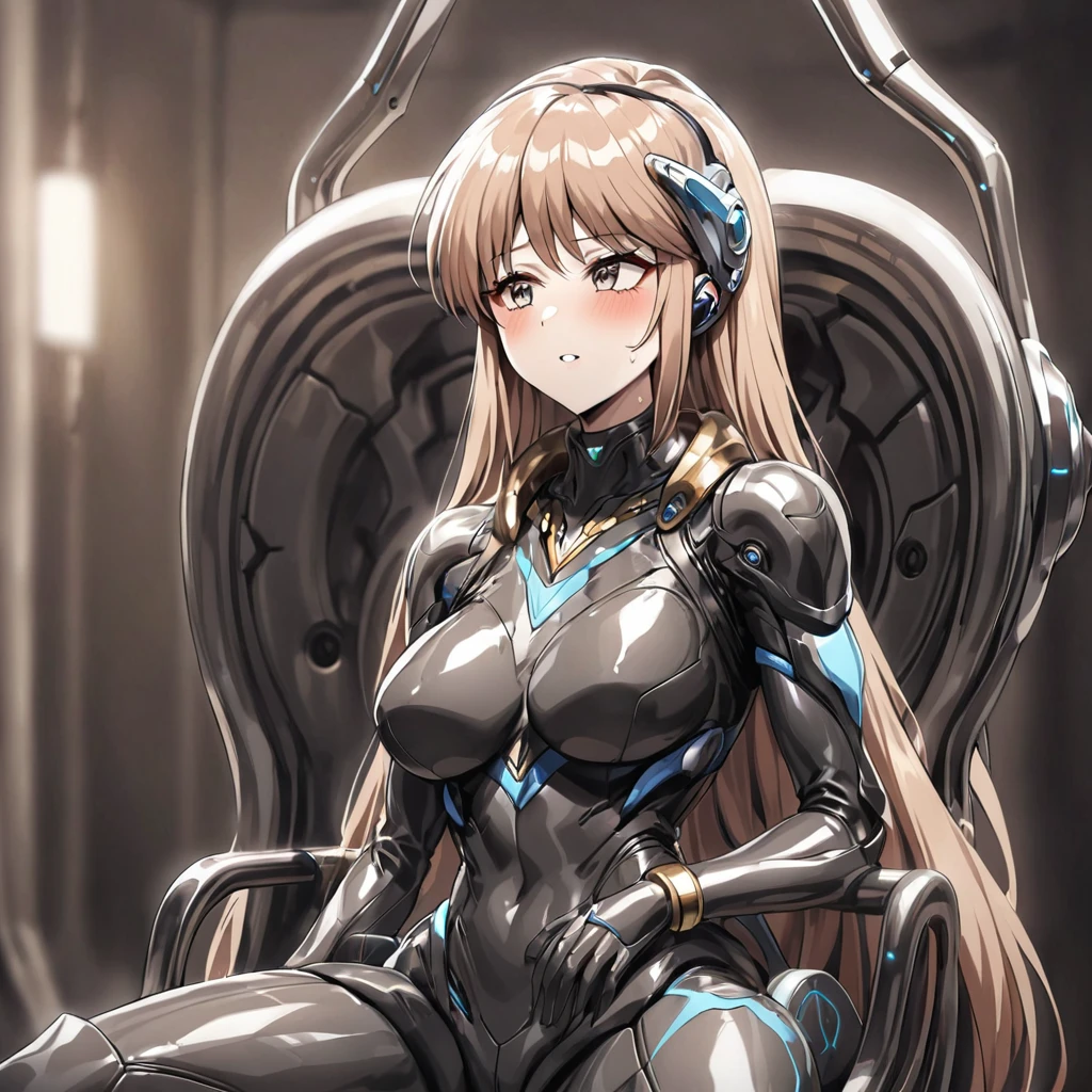 ((Highest quality)), ((masterpiece)), (detailed), （Perfect Face）、The woman is Princess Leona, with light brown, medium-long hair.々He was restrained by being made to wear a shiny body suit connected to various cords and machines, and made to sit in a mechanical chair-type brainwashing device that was bigger than his height.々They are connected to a device that has brainwashed and modified them.、The woman is being treated with a brainwashing device.