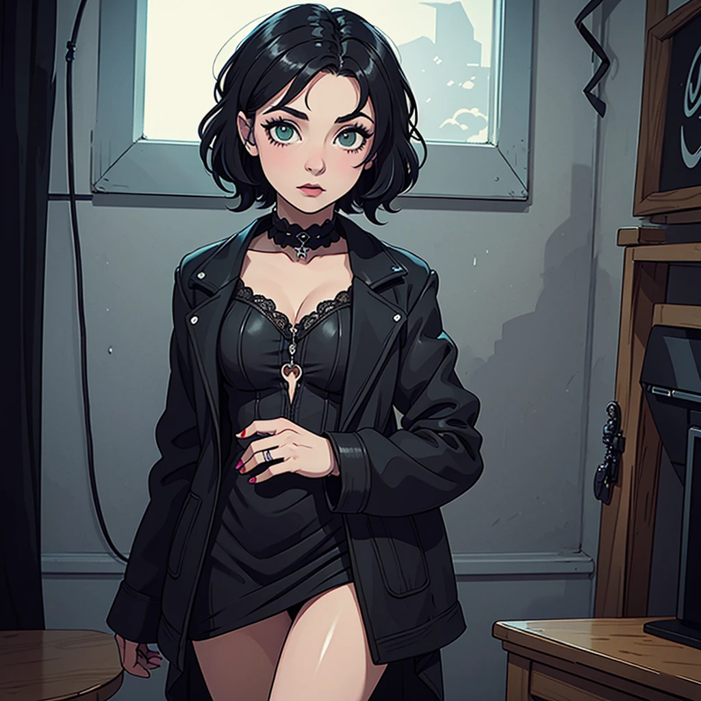 Erstellen Sie ein Comic-Bild einer jungen Frau mit kurzen schwarzen Haaren und grünen Augen. Sie trägt eine schwarze Jacke über einem schwarzen Kleid und ist im Gothic-Stil geschminkt. Sie ist in einem Raum mit gotischen Dekorationen, stehend und den Betrachter anschauend. Das Bild sollte eine Halbkörperaufnahme sein, im gotischen Stil, Nachtbeleuchtung, Schatten, Stil der 2000er, blasse Wellen, England, Gothic-Mädchen, Felsen
