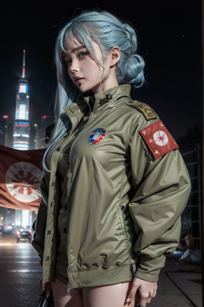 A futuristic world,A perfect illustration of Artificial Intelligence,After 5143, 8K, extremely detaild , perfect，hyper-detailed face， de 16 anos，Eight-headed body，Silky light blue hair，Bitgirl，Background to the near future，During night combat，ssmile，Dress Type，((Wear a khaki military jacket,Troop jacket with Japanese flag emblems))、Full ar、(((The world of Bladenanner)))、ruins